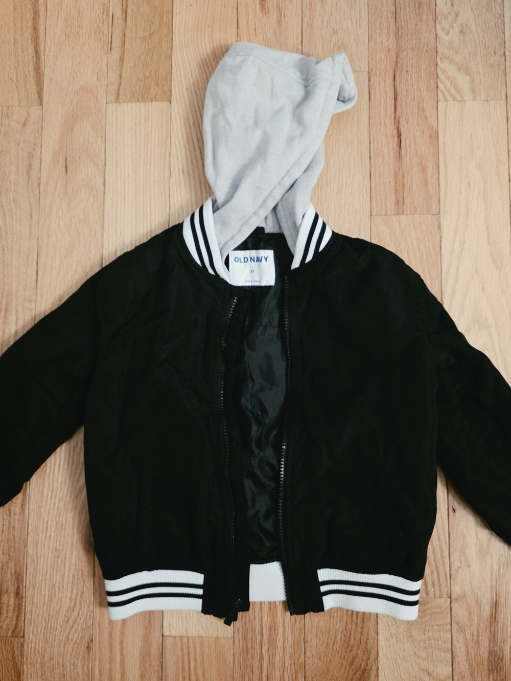 Old Navy Black Jacket with Light Gray Hood and Striped Trim